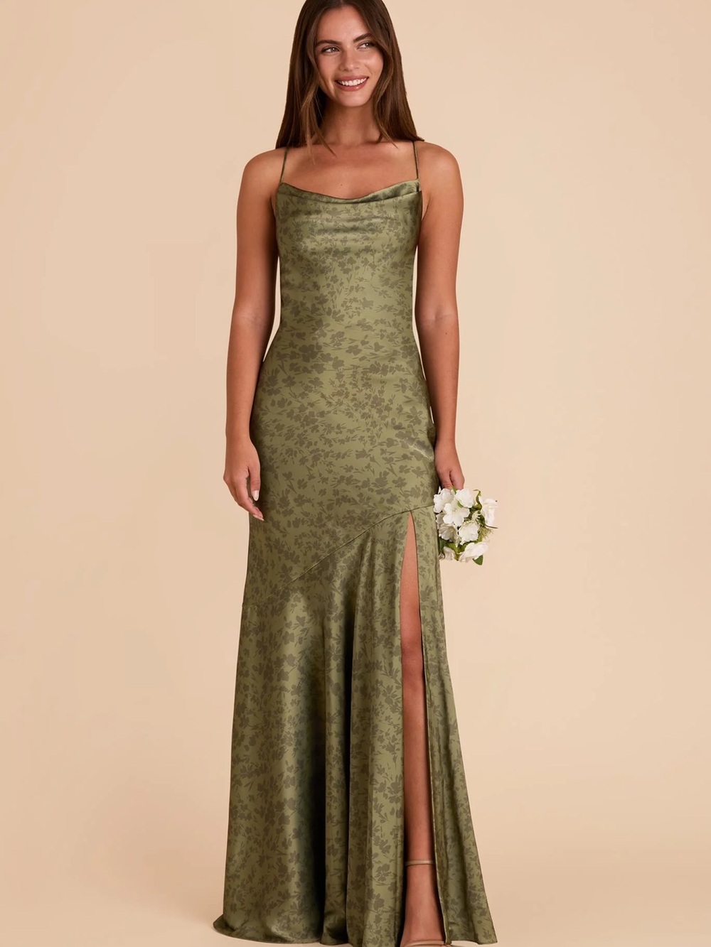 Birdy Grey Olive Green Floral Satin Cowl Neck Maxi Gown